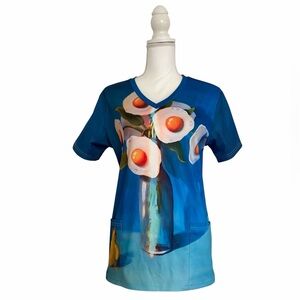 Blue Abstract Egg Flowers in Vase Nursing Medical Scrub Top Women's Medium